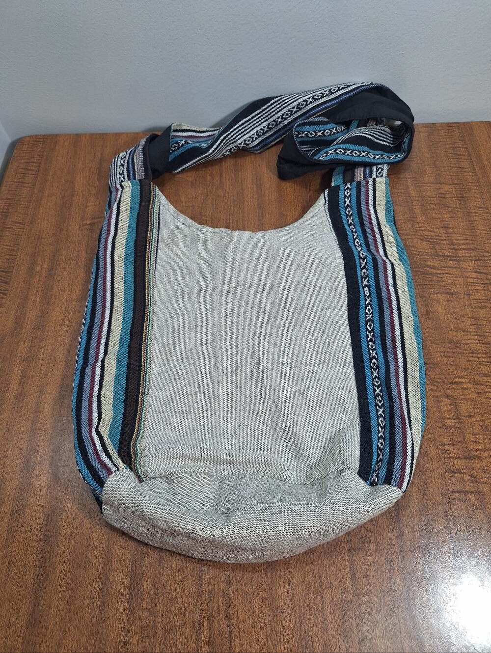 Handmade Cotton Sea Turtle Hobo Crossbody Sling Bag Wide Strap Gray Boho Hippie - Picture 8 of 16